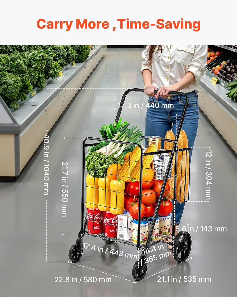 VEVOR Folding Shopping Cart Jumbo Grocery Utility Cart with Double Baskets
