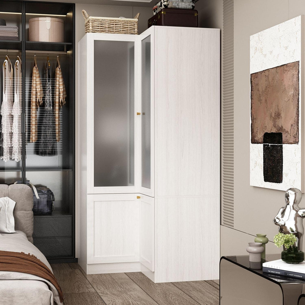 MOUMON Corner Wardrobe, L-Shaped Modern Bedroom Armoires with Frosted Glass D...