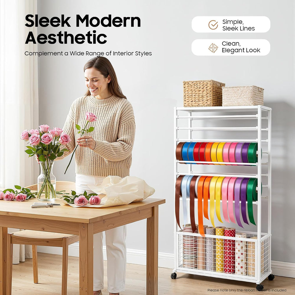 Ribbon Organizer Rack, Double-Sided 16 Tier Ribbon Storage Holder, Floral Wra...