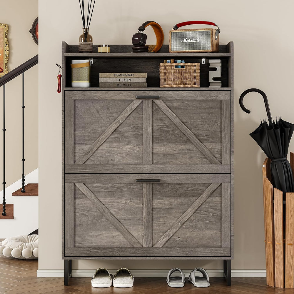 BORNOON Shoe Cabinet with 2 Flip Drawers Narrow Shoe Storage Organizer Wooden...