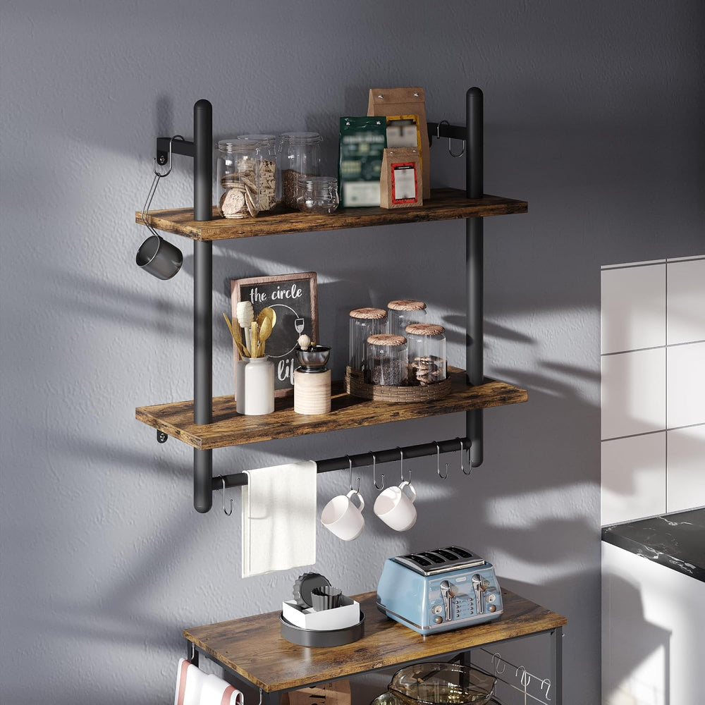 Bestier 24" 2 Tier Industrial Pipe Wall Shelf with 8 Hooks, Rustic Brown