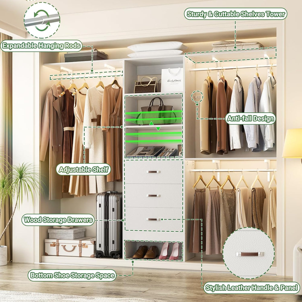 Besiost Closet System with Drawer - 8FT Wood Closet Organizer System with 3 H...
