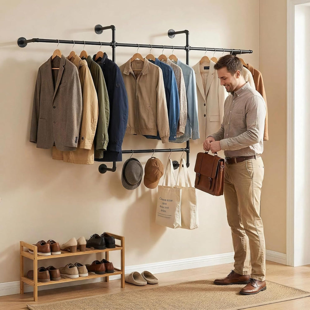 Industrial Pipe Clothing Rack, Hanging Garment Rack, Wall Mounted Pipe Clothe...