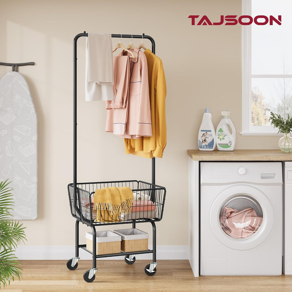 Tajsoon Rolling Laundry Cart with Hanging Rack & Laundry Basket, Black