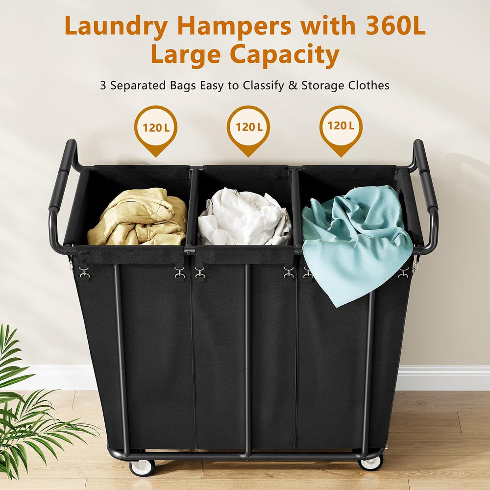 Gewudraw 3 Section Heavy Duty Laundry Sorter Cart with Wheels, 360L, Black