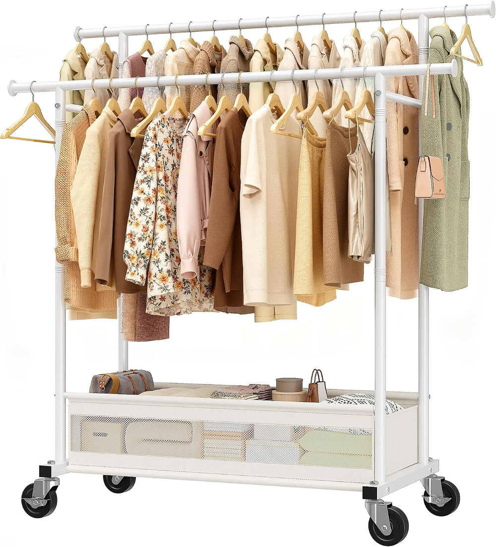Clothes Rack 210 LBS Double Rods Extra Storage Basket