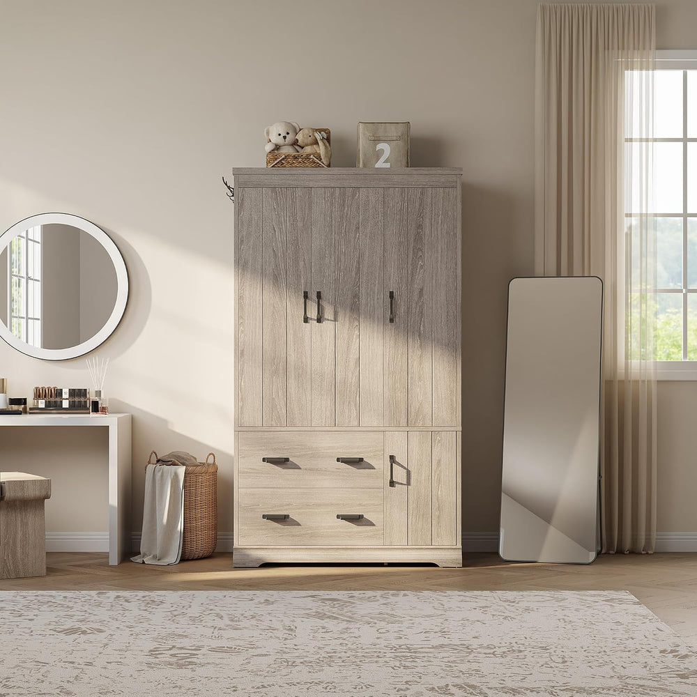 Bedroom Armoire with Drawers, 70" Freestanding Wardrobe Closet, Grey Oak