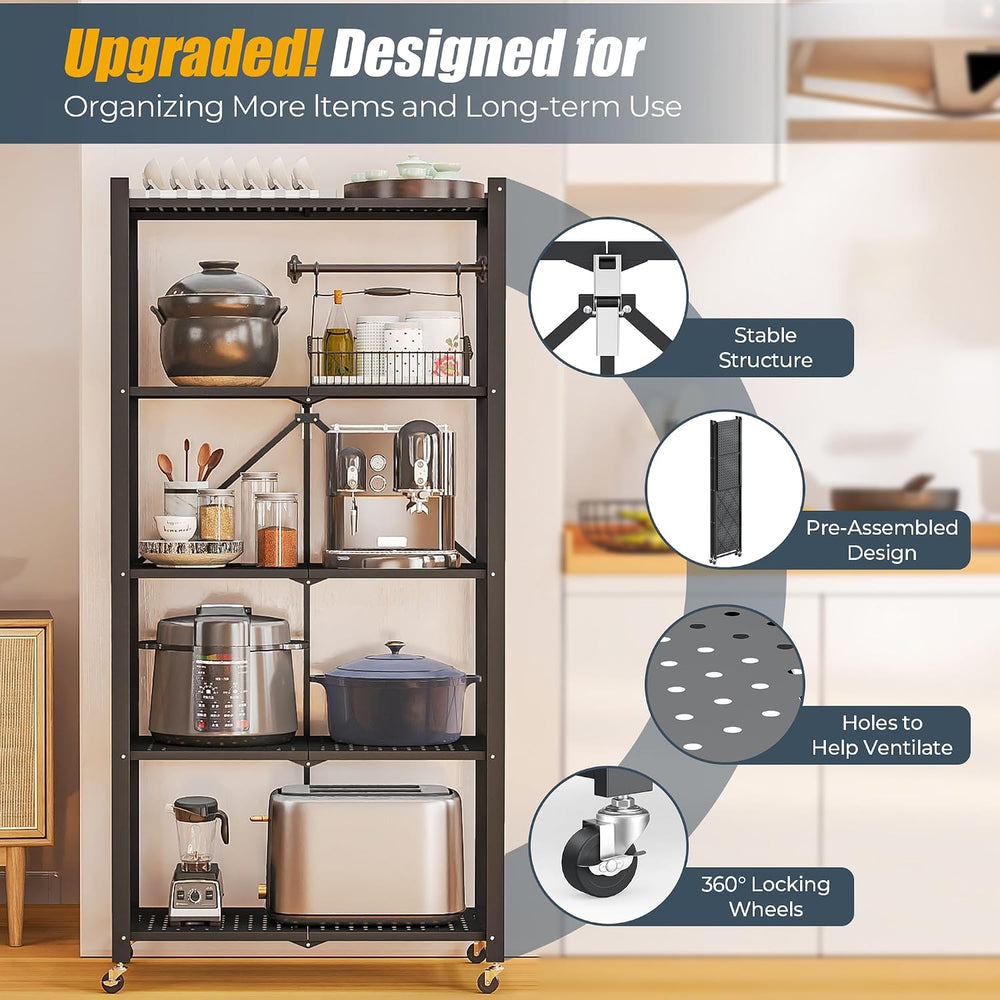 Fenbeli 5 Tier Storage Shelf with Wheels - Metal Collapsible Shelving Unit Di...