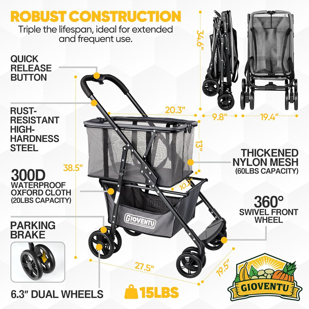 Folding Stroller Shopping Cart, 80lbs Collapsible W/ 360° Wheels, 2-Tier