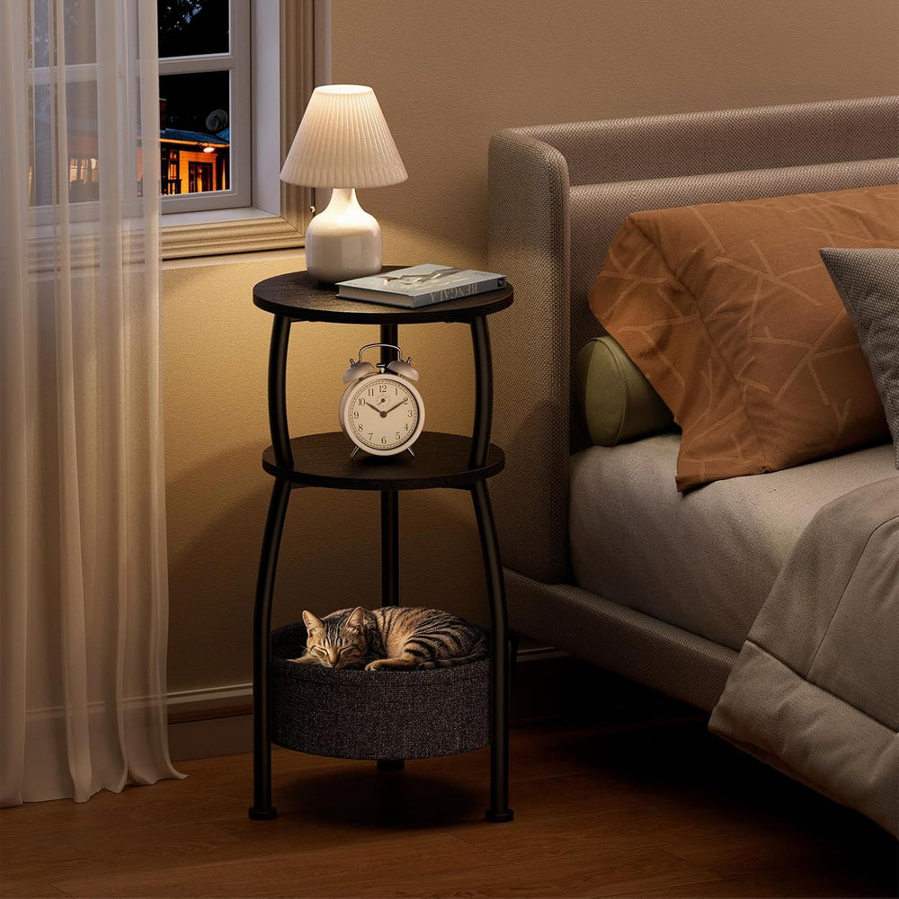 Small Round Side Table for Living Room with Storage Basket, 11.81in