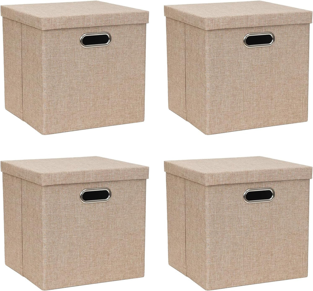 Storage Bins with Lids, Linen Fabric Boxes Organizer Containers with Lid Fold...