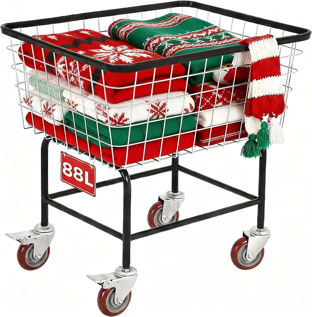 Rolling Laundry Cart with Wheels, Durable Metal, 2.5-Bushel