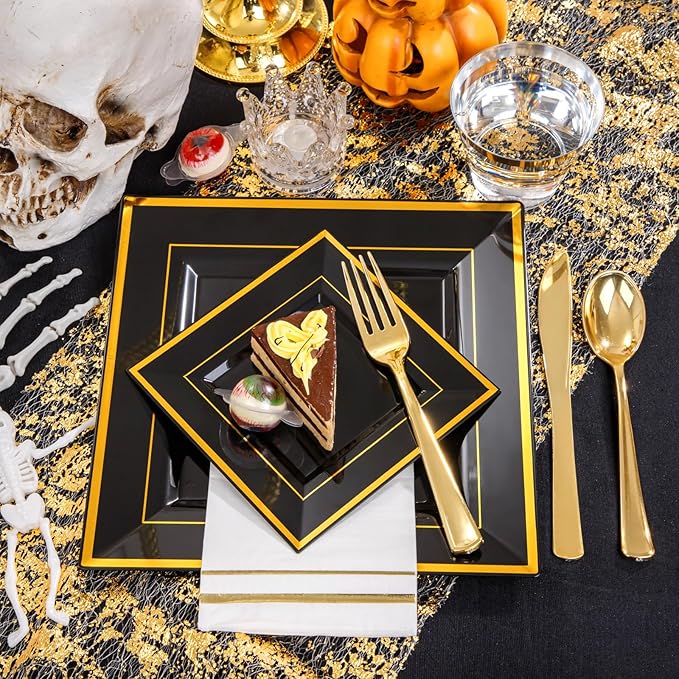 Festiva 350Pcs Black and Gold Plastic Plates-50Guests Disposable Square Black...