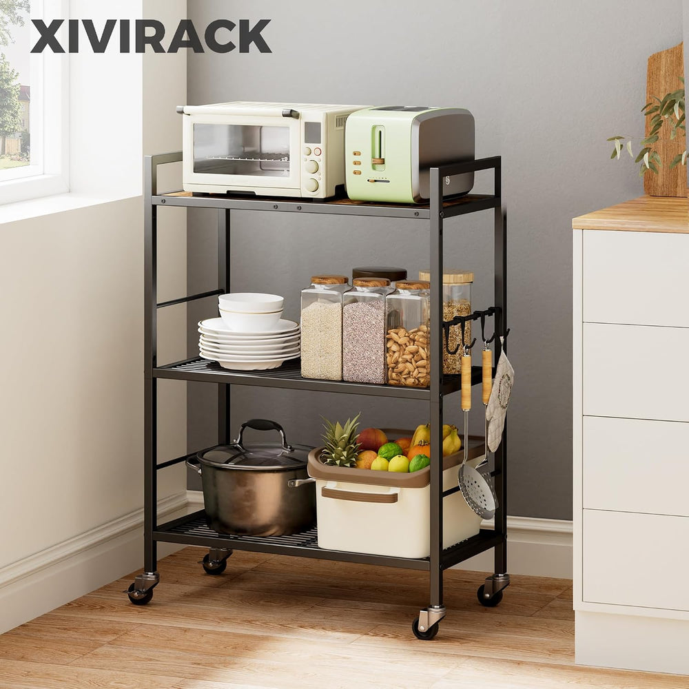 3-Tier Metal Storage Rack with Industrial Wheels,Mesh Shelving Unit with Wood...