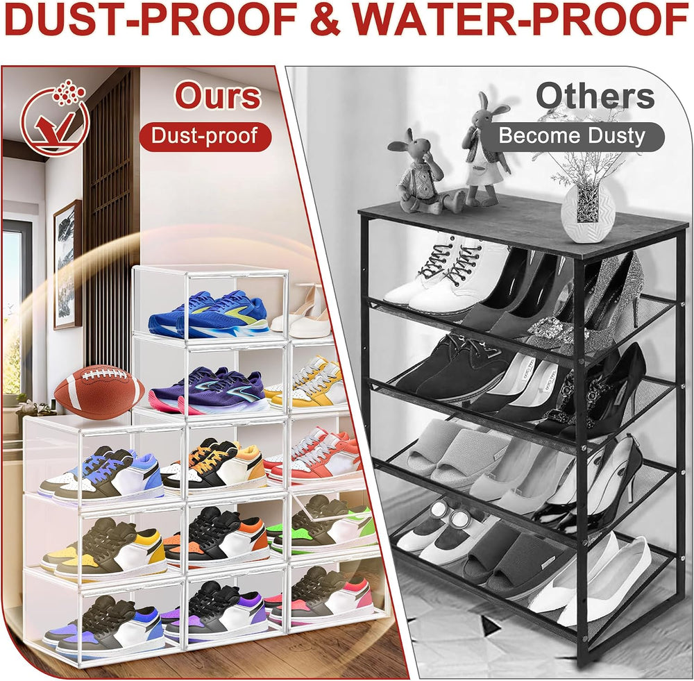 12 Pack Clear Plastic Shoe Organizer, Acrylic Magnetic Door, Fit Size 12