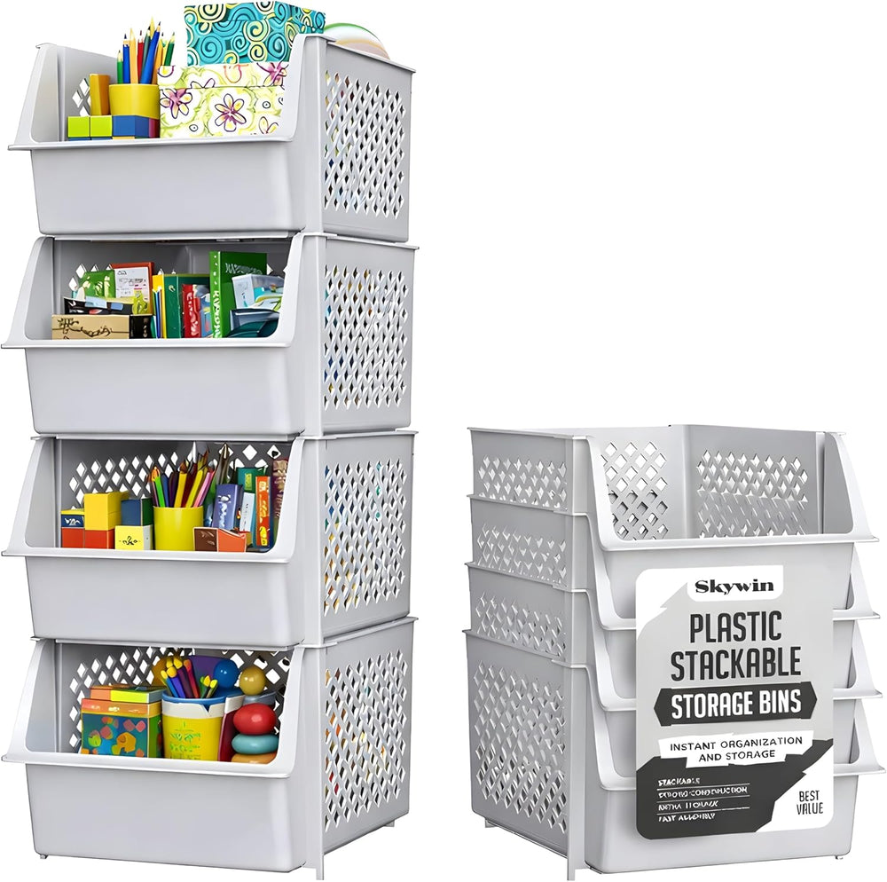 Stackable Storage Bins Open Front for Pantry Storage, 4 Pack - Light Grey