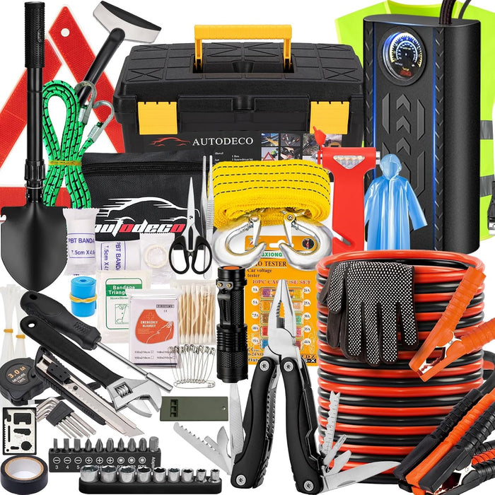 98 PCS Roadside Car Emergency Assistance Kit with Portable Air Compressor Jumper Cables Safety Hammer All in One Pliers Tool Set(Black)