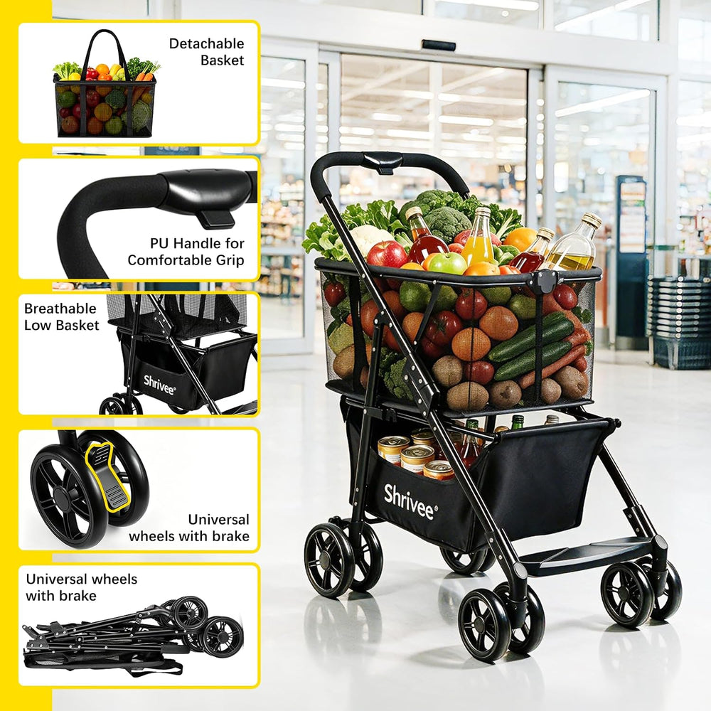 2 Tier Folding Shopping Cart with Removable Mesh Basket, Black