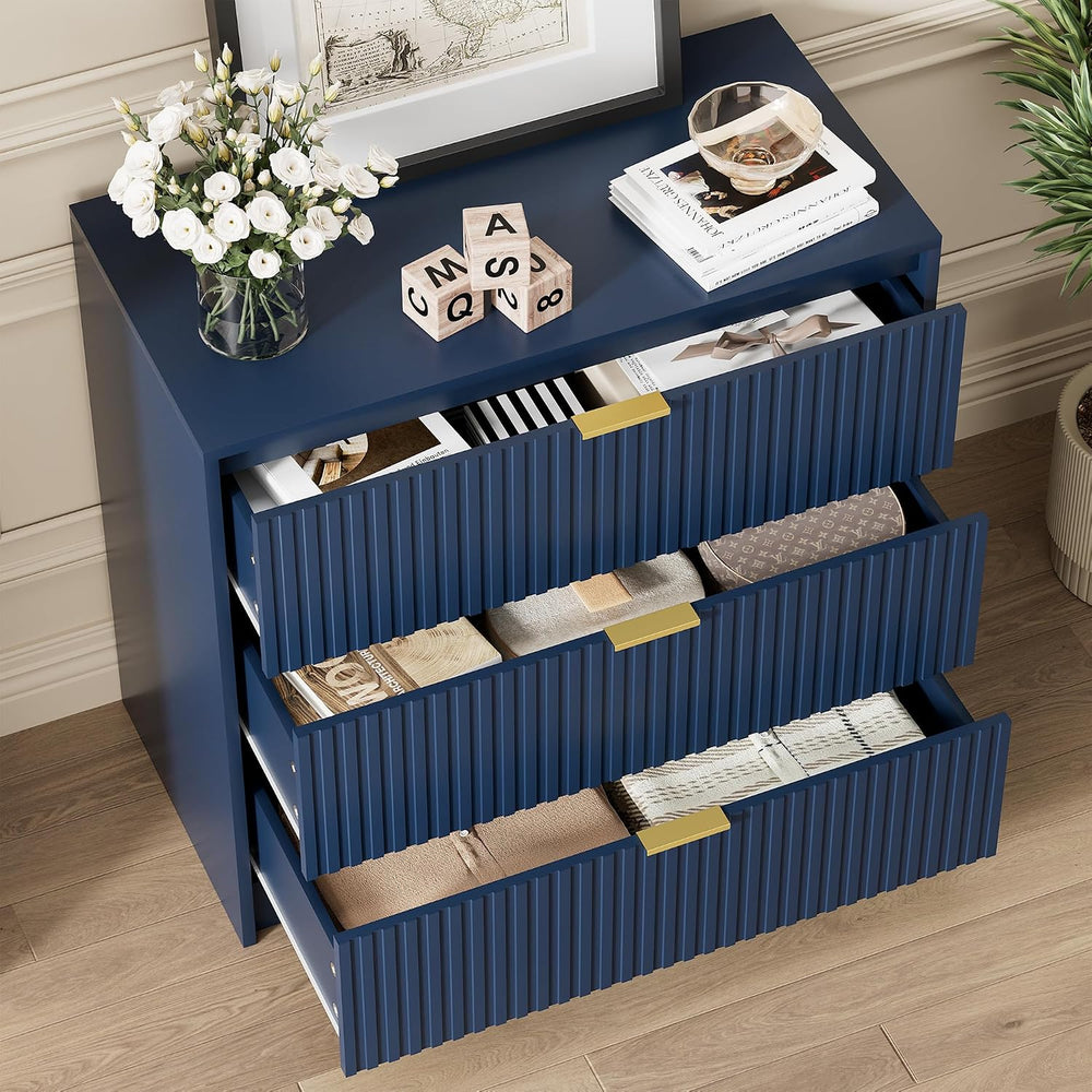 Fluted 3 Drawer Dresser for Bedroom, 31.5" Wide Chest of Drawers, Navy Blue