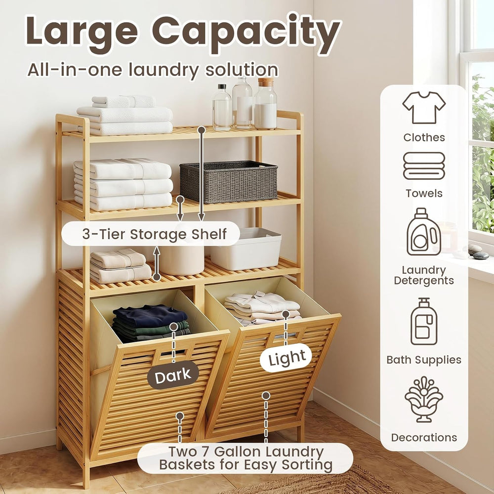 GOFLAME Bamboo Double Tilt Out Laundry Hamper Cabinet with Shelves