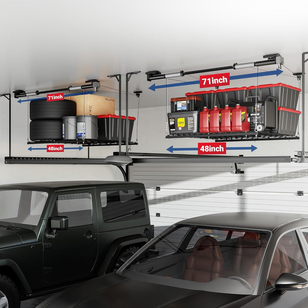 FLEXIMOUNTS Overhead Garage Storage Rack Lift, 4x4 Ft Heavy-Duty Garage Ceili...