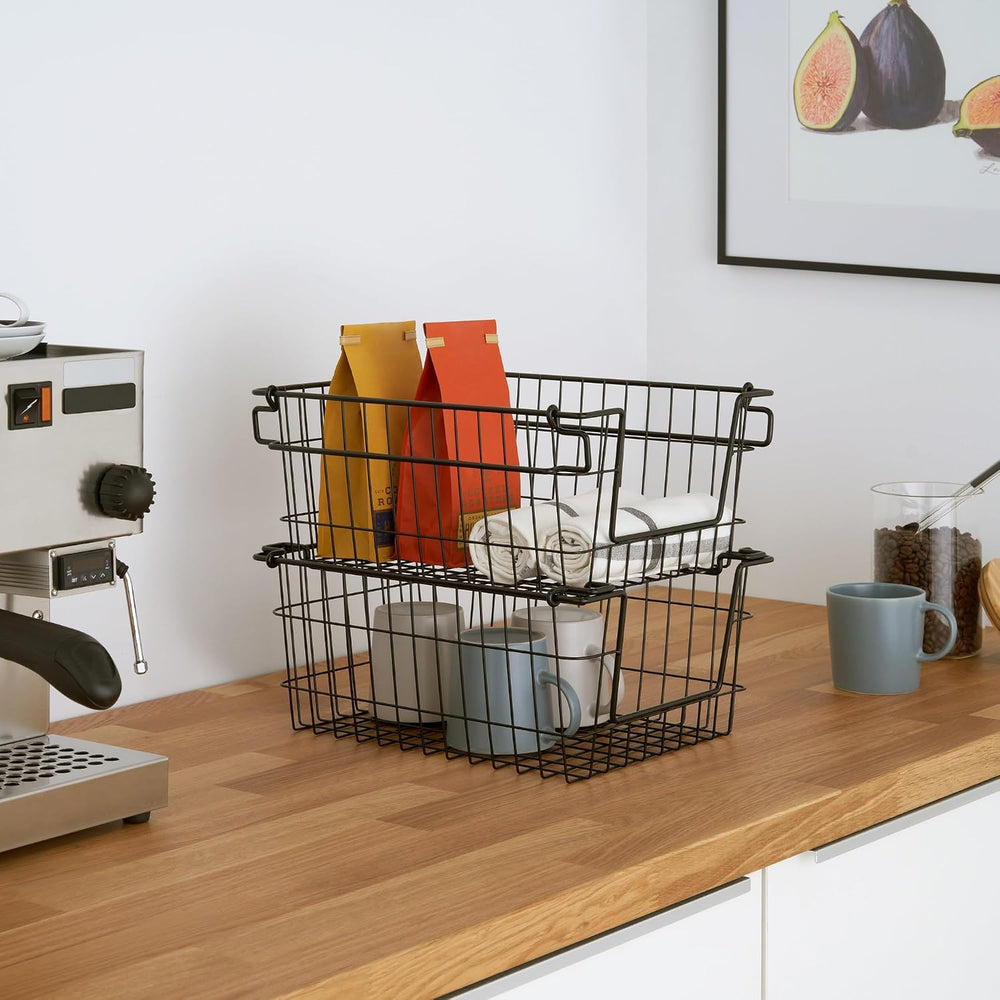 TRINITY 2-Pack Stackable Metal Wire Storage Baskets With Handles, Black, 11 I...