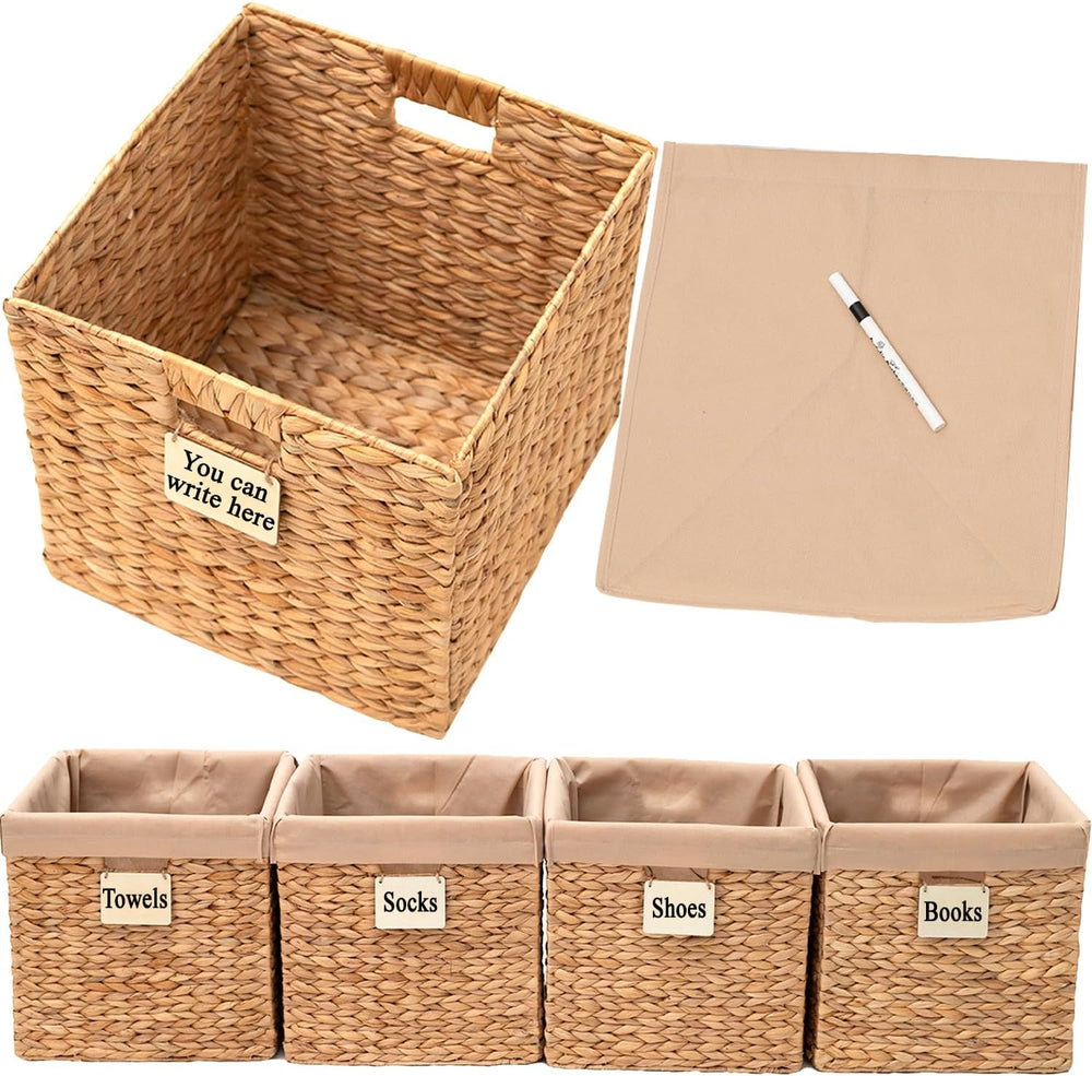 Water Hyacinth Storage Baskets Set of 4, 12x12x12 Wicker Cube Storage Bins fo...