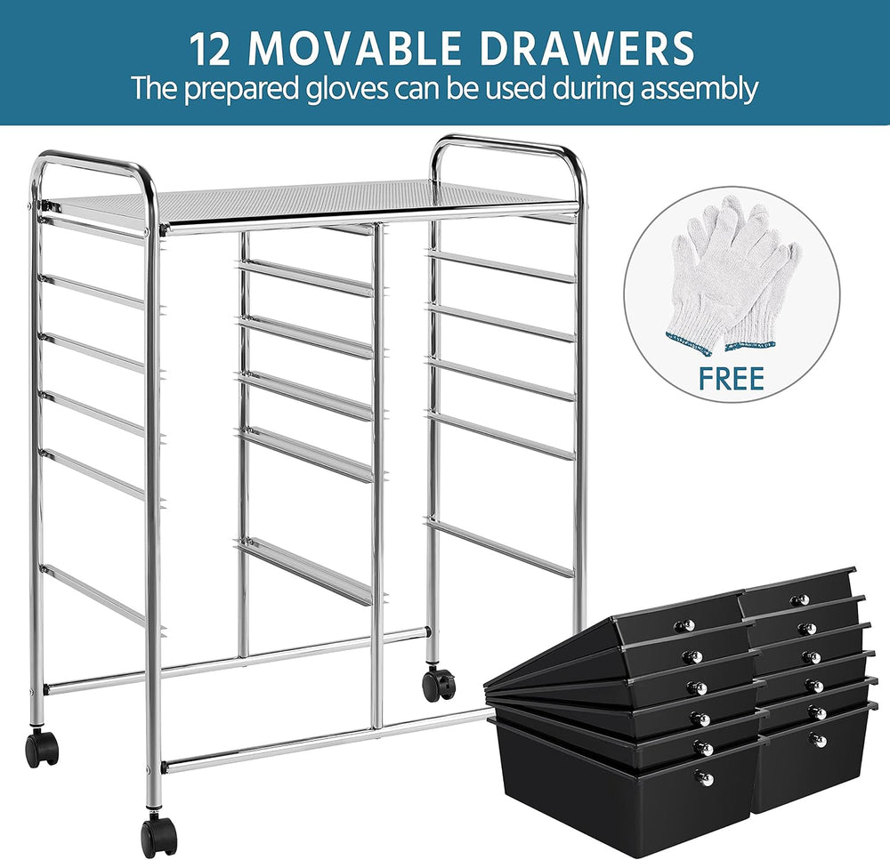 Yaheetech 12-Drawer Rolling Storage Cart on Wheels, Craft Organizer, Black