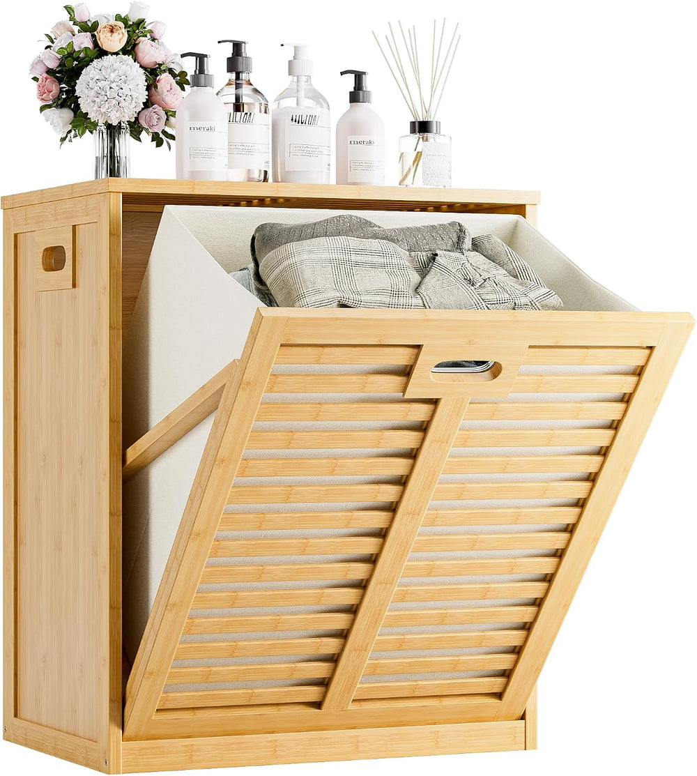 HITNET Tilt Out Laundry Hamper, Bamboo Laundry Cabinet with Hidden Removable ...