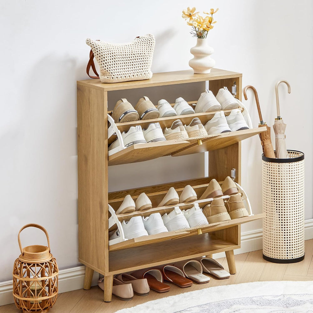 BERRYMERRY Natural Shoe Cabinet with 2 Flip Drawers Fluted Recessed