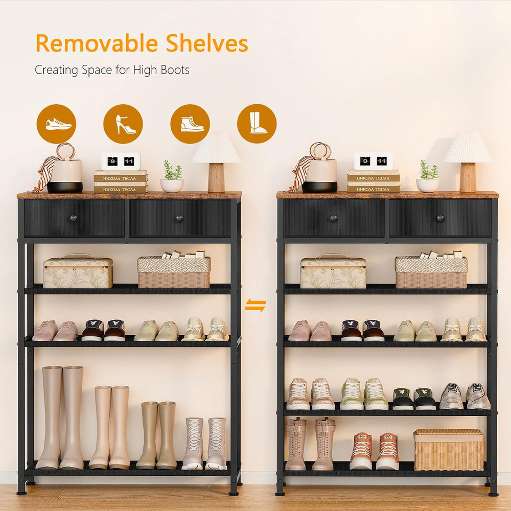 usikey Shoe Rack, 5 Tier Shoe Storage Organizer with 2 Drawers, Metal Shoe Sh...