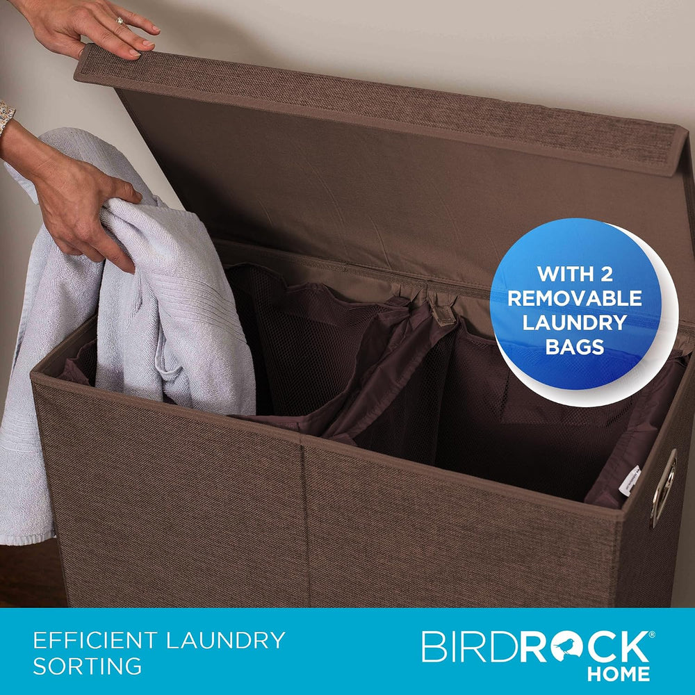 BIRDROCK HOME 13Gal Tall Double Laundry Hamper with Lid, Brown, 25.75”
