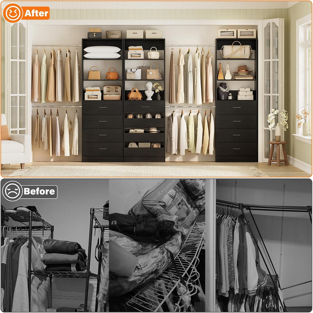 Aheaplus Closet System with 12 Drawers, 8.5-11.5Ft Wood Closet Organizer