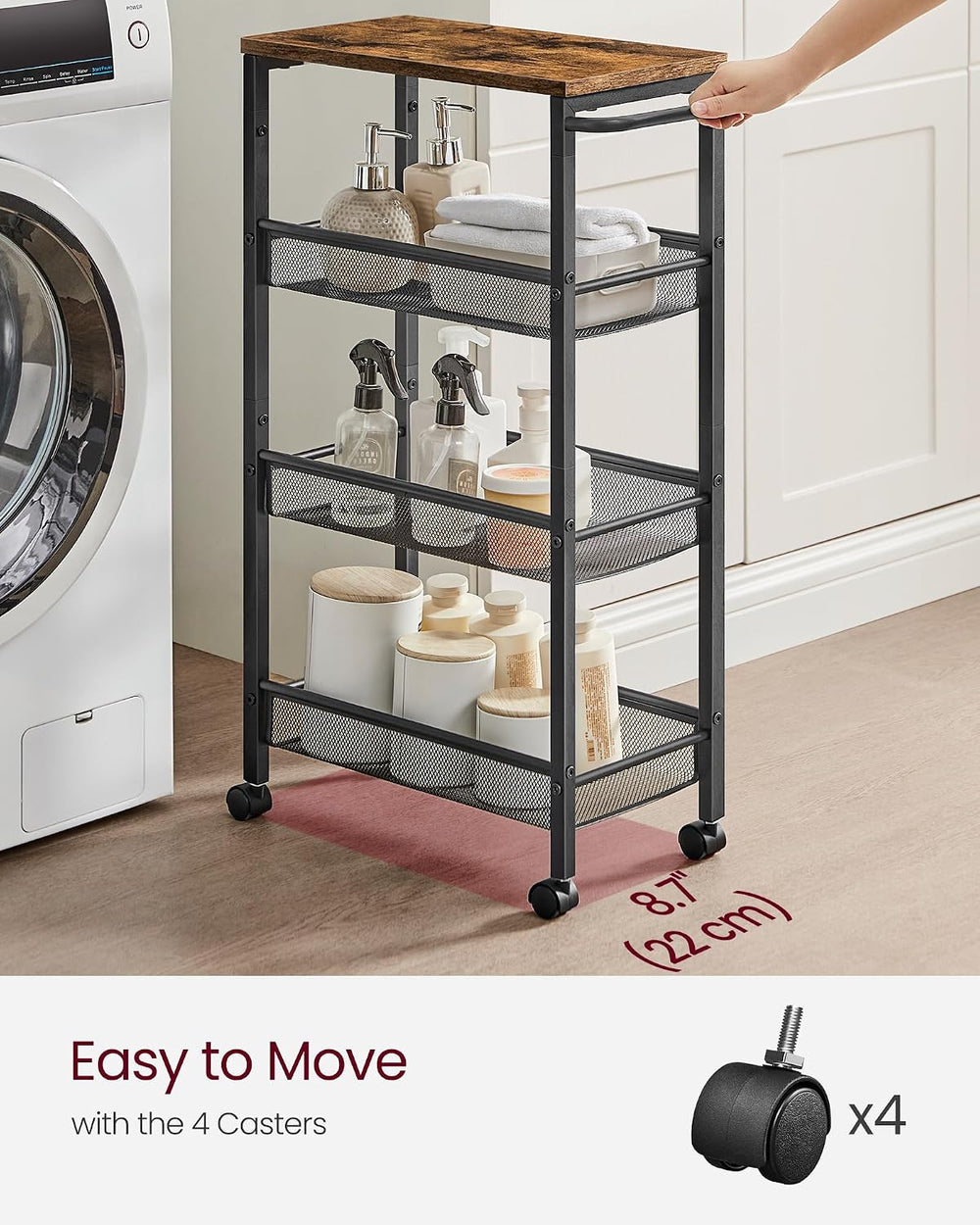 VASAGLE 4-Tier Slim Rolling Storage cart with Wheels, 8.7 Inches, Metal