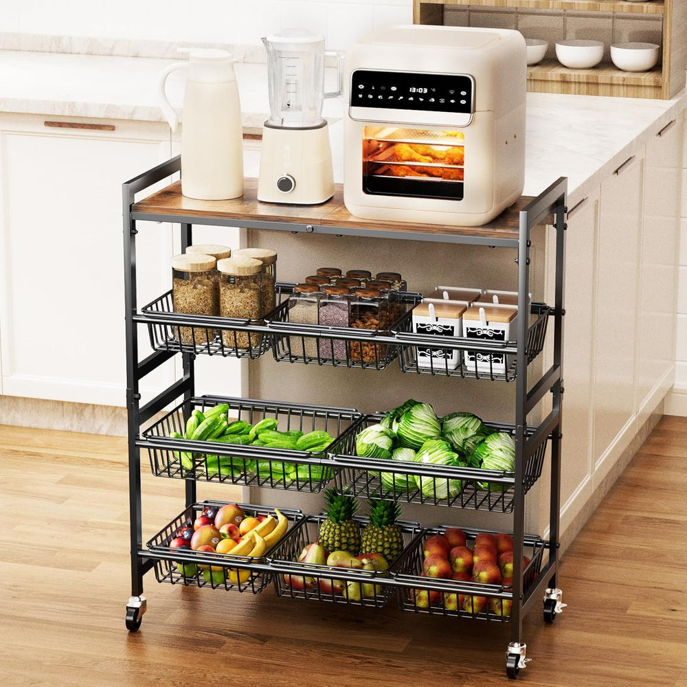 4-Tier Utility Kitchen Cart with Wood Top, 29" W Kitchen Storage Cart wi...