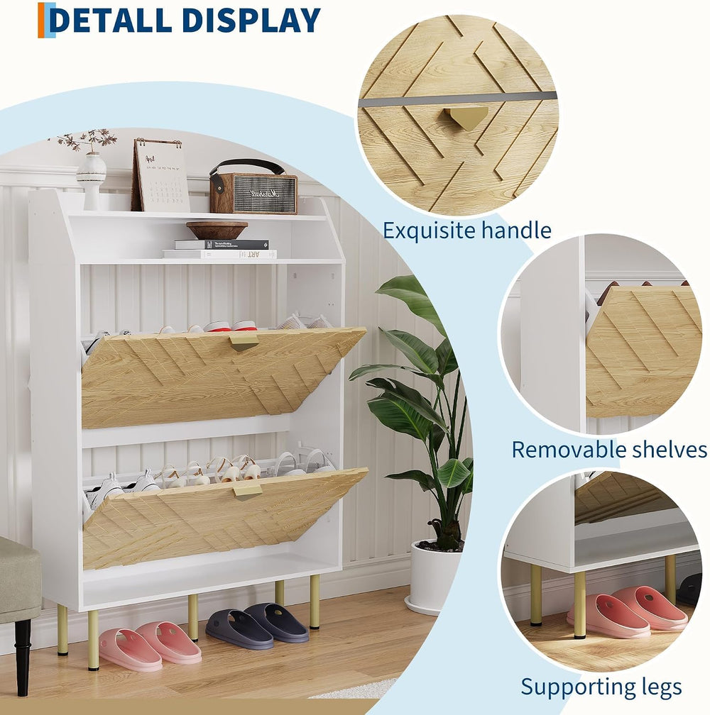 Slim Wood Color Shoe Cabinet, 2-Drawer Shoe Storage Organizer with Adjustable...