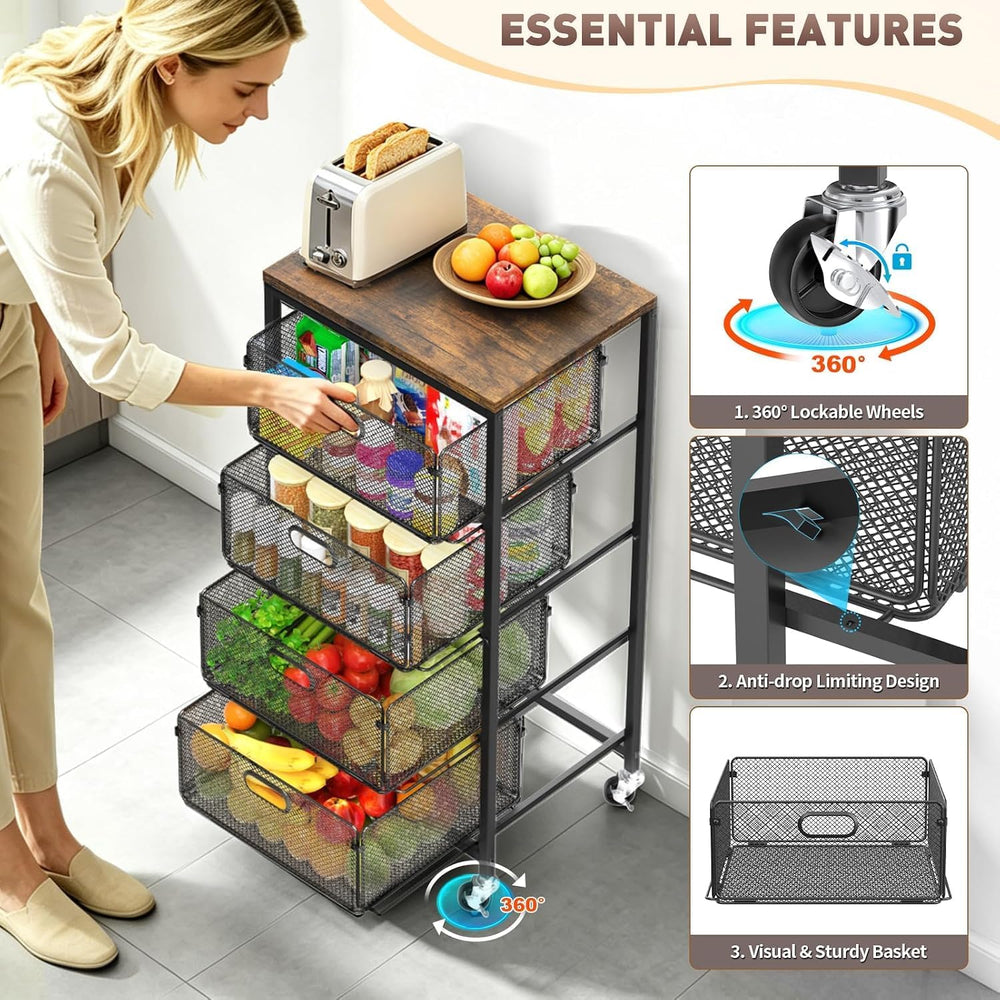 SUNALLY Kitchen Storage Cart with Drawers,Metal Snack Cart Organizer,Black