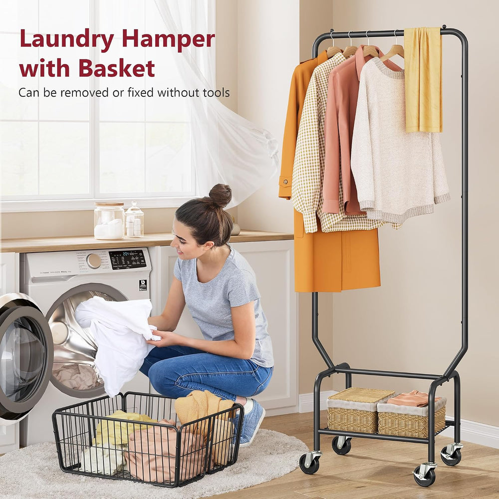 Tajsoon Rolling Laundry Cart with Hanging Rack & Laundry Basket, Black