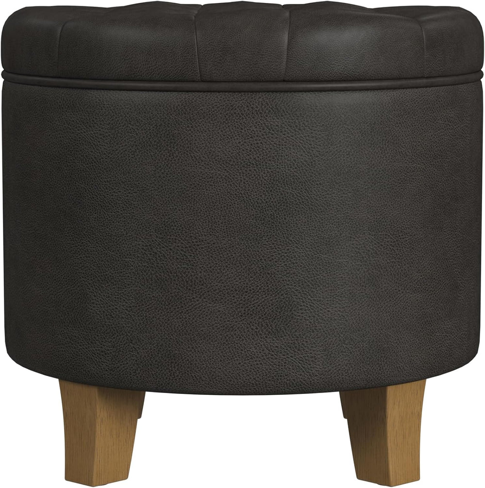 HomePop 19" Faux Leather Button Tufted Round Storage Ottoman - Black