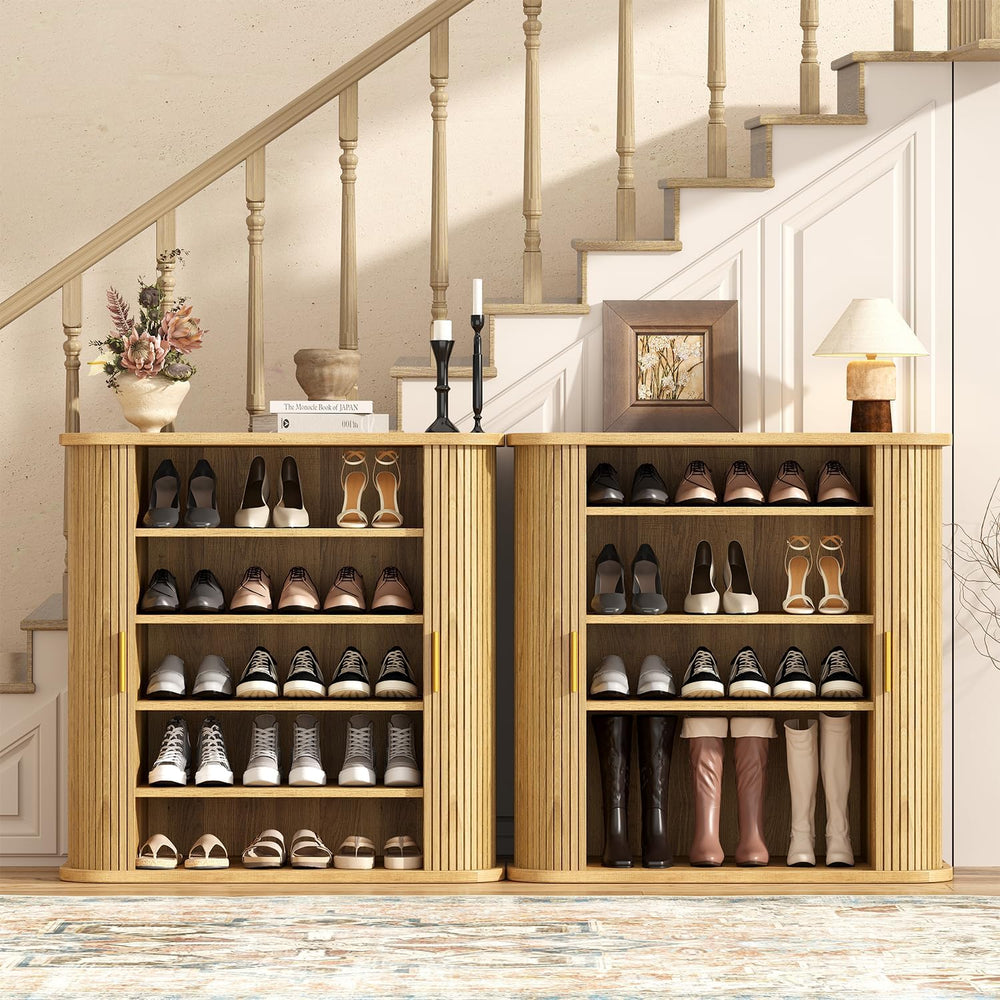 UNIQUITE 5-Tier Sliding Door Shoe Cabinet, Adjustable Shelves Wooden Shoe Sto...