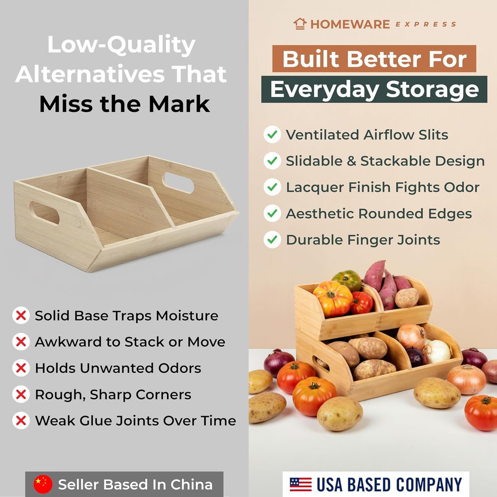 Potato and Onion Storage Bin, Stackable Bamboo Pantry Organizer and Storage