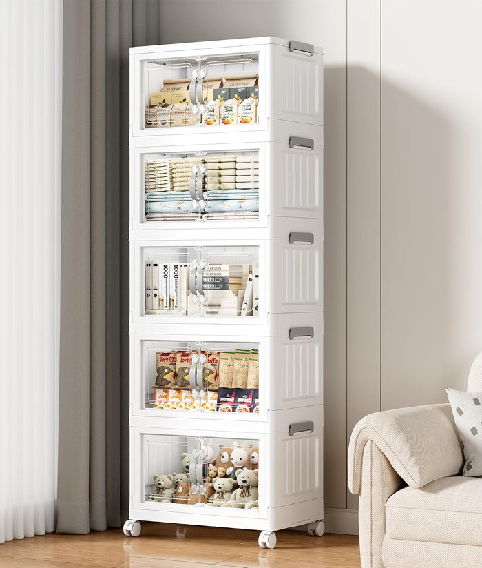 Hanyi 175 QT Stackable Storage Bins with Lids, 5 Tier Collapsible Plastic Storage Cabinet with Magnetic Doors, Removable Top Lid, Locking Wheels, Closet Organizer for Bedroom, Pantry, Office