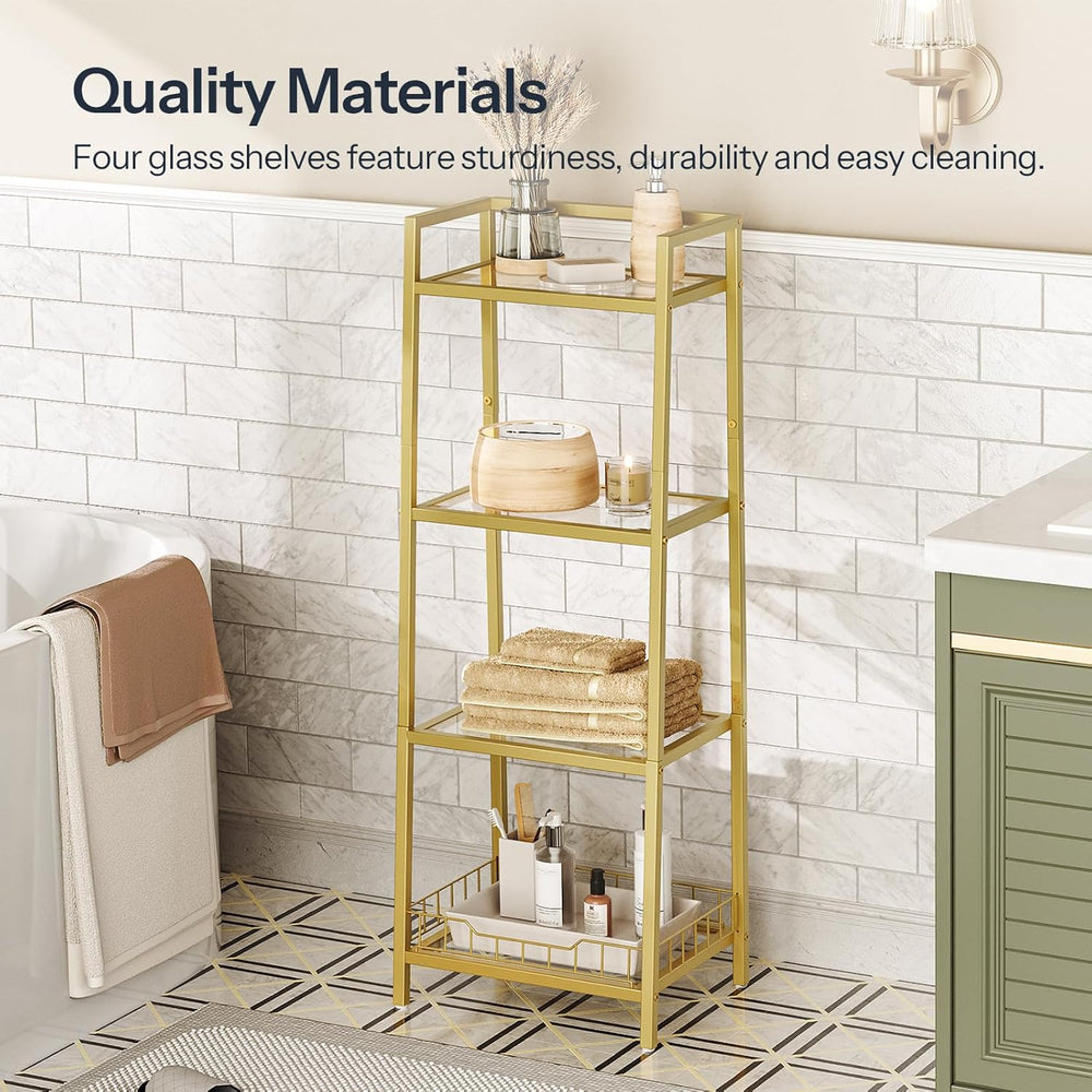 HOOBRO Gold Glass Shelf Stand, 4 Tier Standing Shelf Unit, Bathroom Organizer...