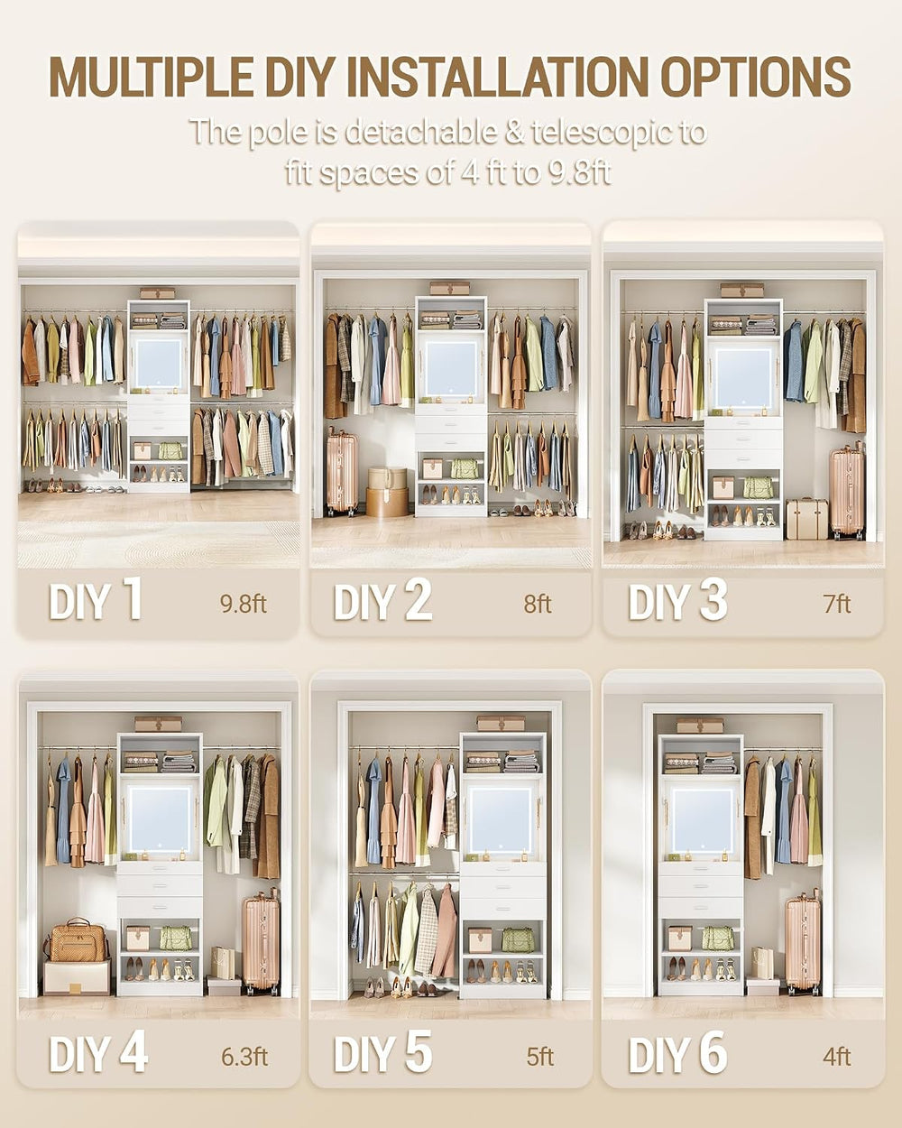 Hzuaneri Closet System Closet Organizer and Storage with 3-Color LED Mirror
