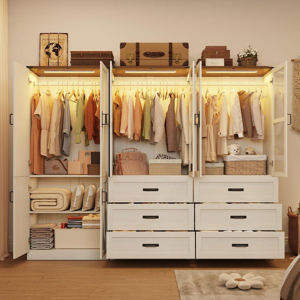75" Tall Farmhouse 6 Doors Armoire Wardrobe Closet with 3 Drawers and LE...
