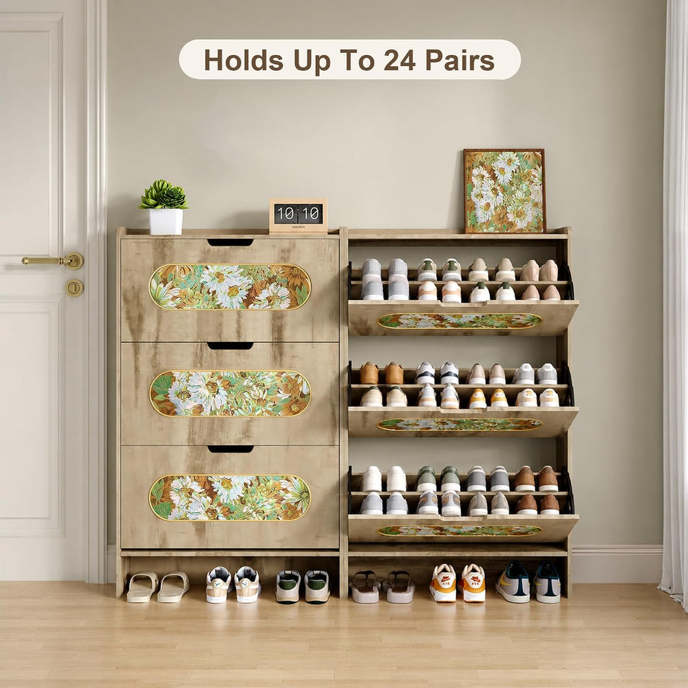 Shoe Cabinet with 3 Flip Drawers and Floral Fabric Panels, Light Oak