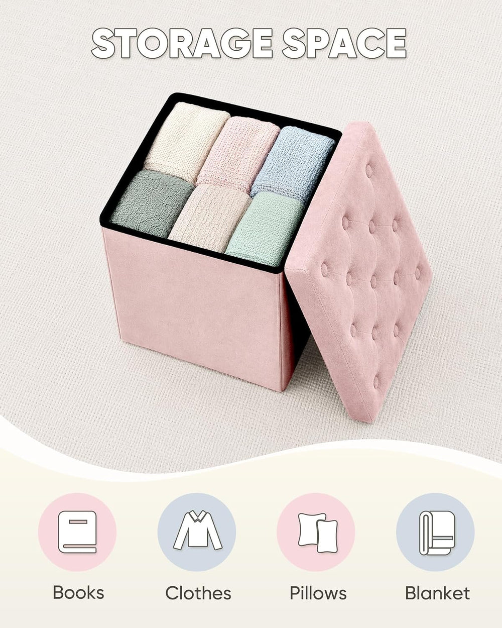 B FSOBEIIALEO Storage Ottoman Cube, Velvet Tufted Folding Ottomans with Lid, ...