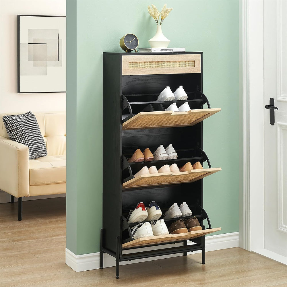 GAOMON Natural Rattan 3 Flip Door with 1 Drawer Shoe Rack Storage Cabinet, Sh...
