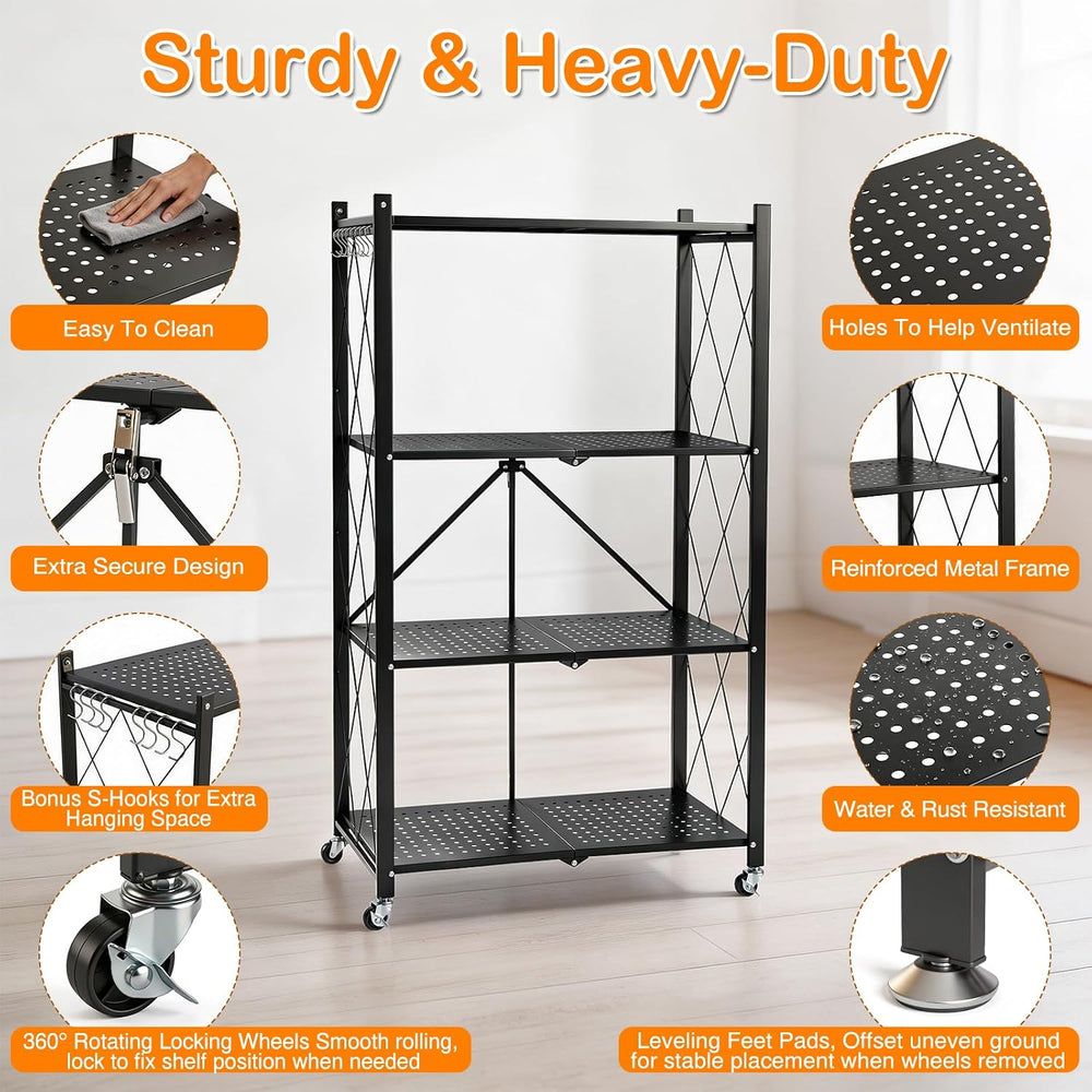 4 Tier Foldable Storage Shelves with Wheels No Assembly