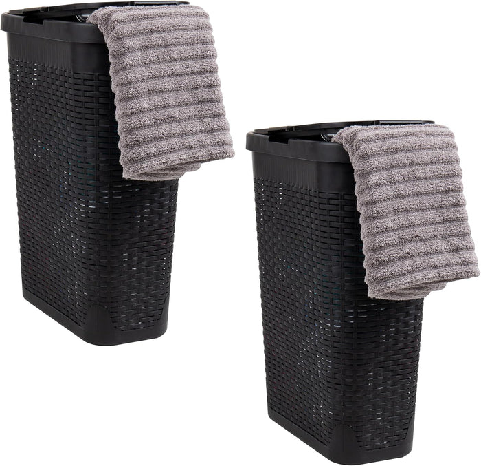 Mind Reader Slim Laundry Hamper with Lid, 40L Clothes Basket, Narrow Tapered Design with Ventilated Cutout Pattern, Plastic, Set of 2, Black